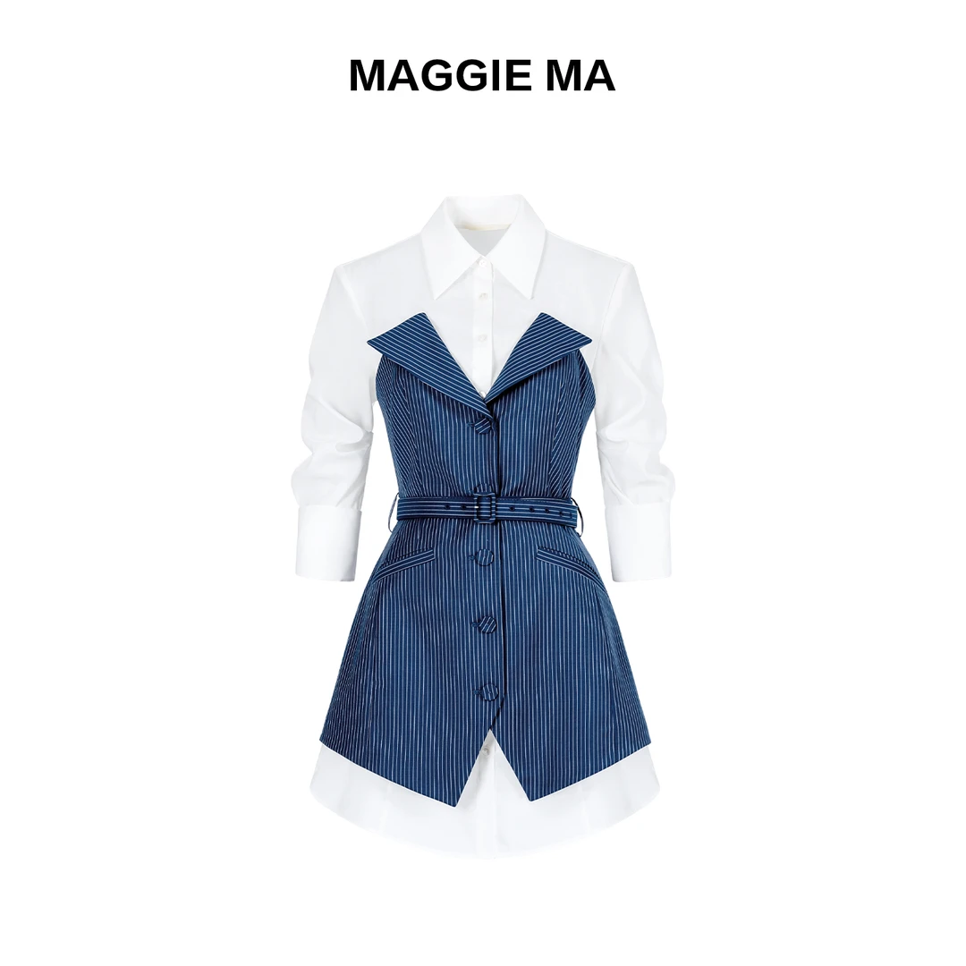 MAGGIE MA马婧设计师款静谧蓝色拼接条纹腰带衬衫上衣284S