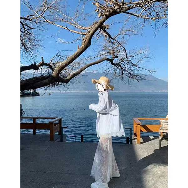 【冰岛慕斯】超绝甜美仙女蕾丝下摆蓝色显瘦衬衣+蕾丝内搭美背 8015