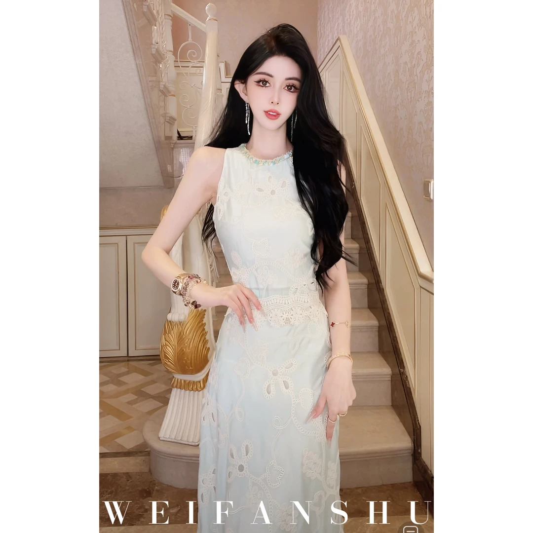 WEIFANSHU/魏凡舒【薄荷夏日】夏季新款夏日小清新时尚蕾丝花边套装