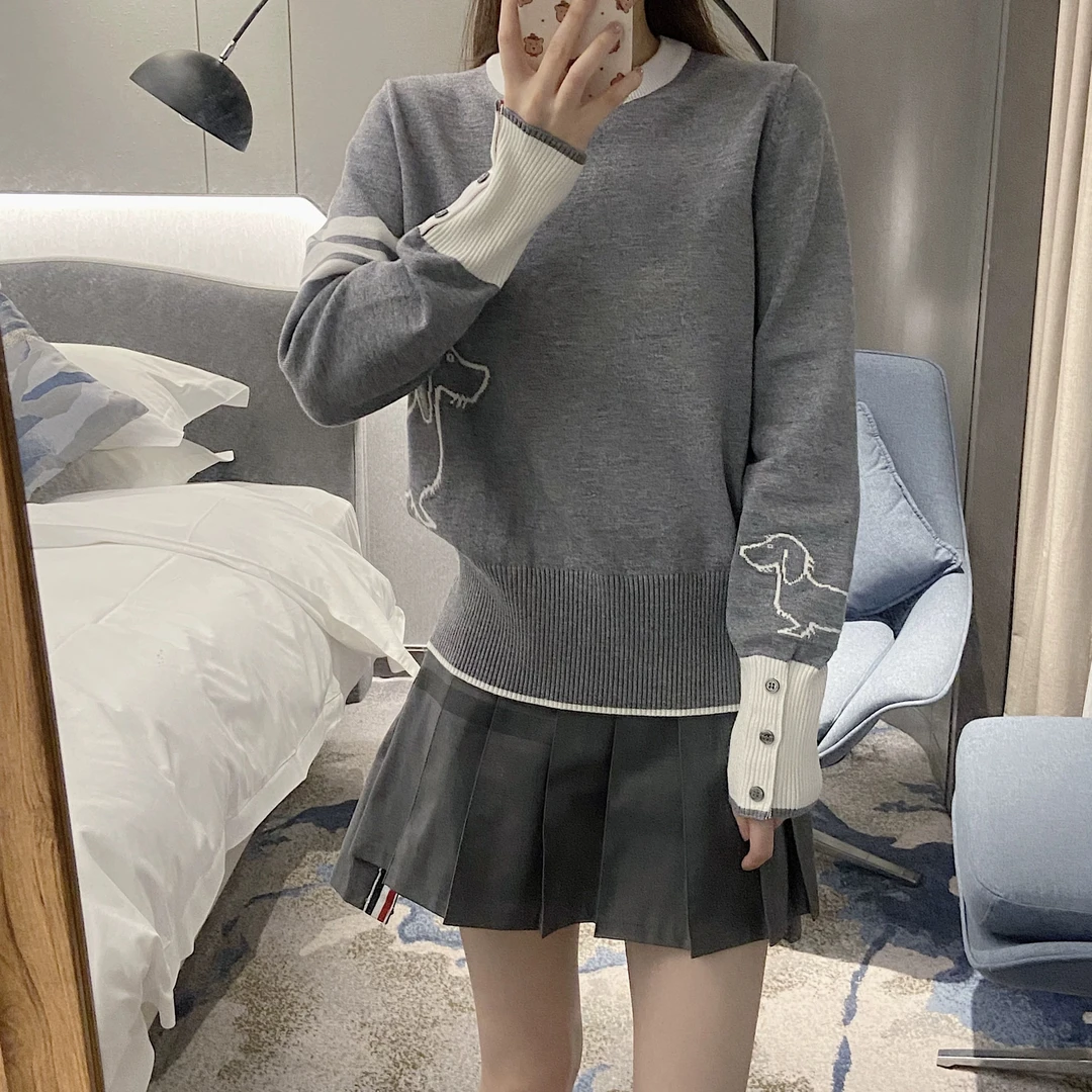 小狗提花针织衫2024秋冬新款圆领拼色套头衫毛衣修身打底衫上衣女