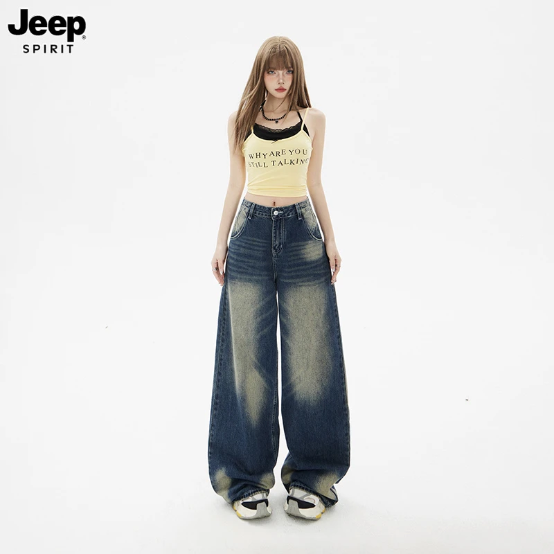 Jeep吉普复古阔腿牛仔裤女夏季新款美式高腰做旧渐变设计感拖地裤