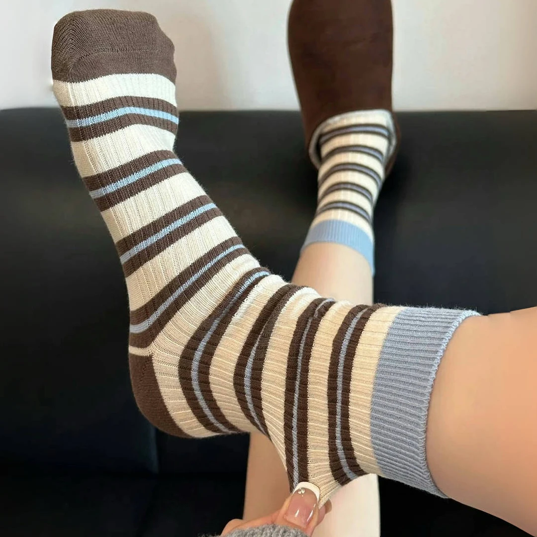 撞色条纹袜子女春秋款双针纯色无骨中筒袜ins潮韩系复古堆堆长袜