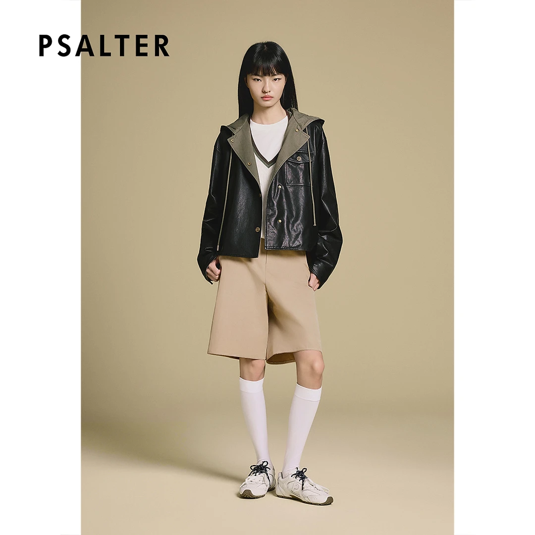 PSALTER诗篇休闲时尚前短后长连帽皮夹克外套2025冬季新款