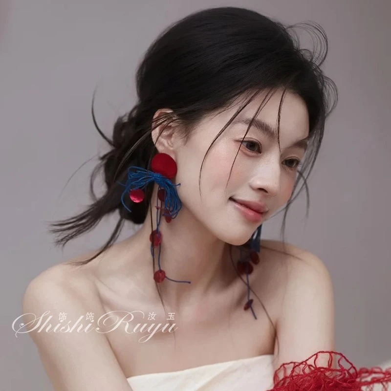 铜合金树脂耳饰 新款中式新娘复古夸张红蓝撞色耳环港风长款耳饰