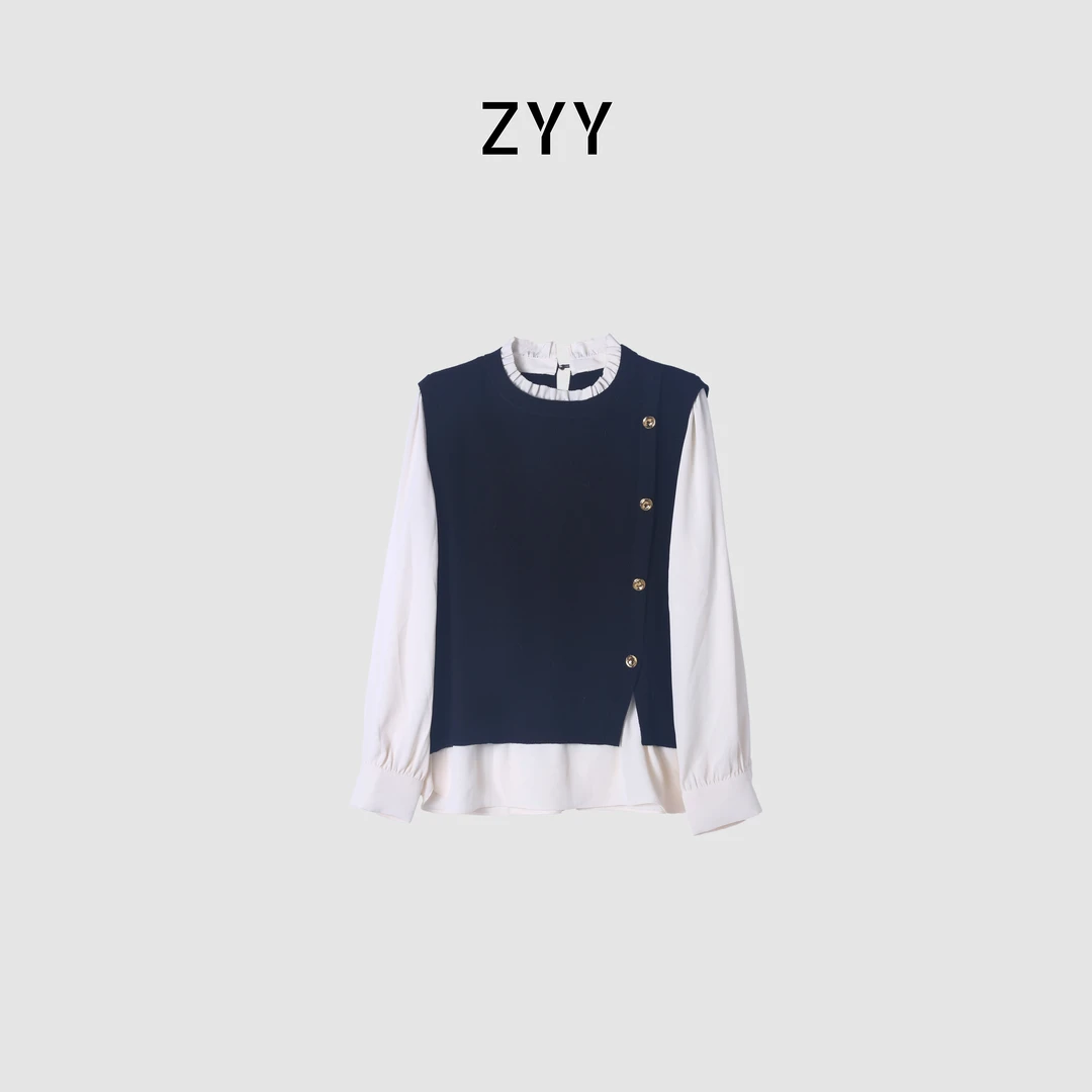 ZYY【冬季狂欢】2025/S新品法式气质假两件花边衬衫针织X25DXS05153