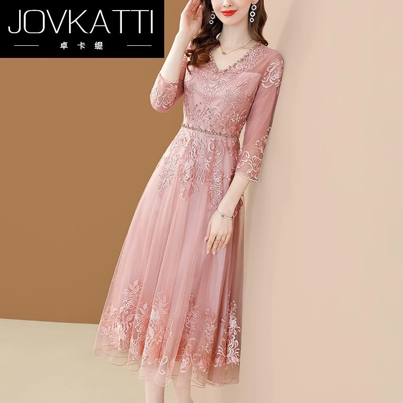 Jovkatti重工绣花网纱连衣裙女2025秋季新款V领休闲婚庆镶钻