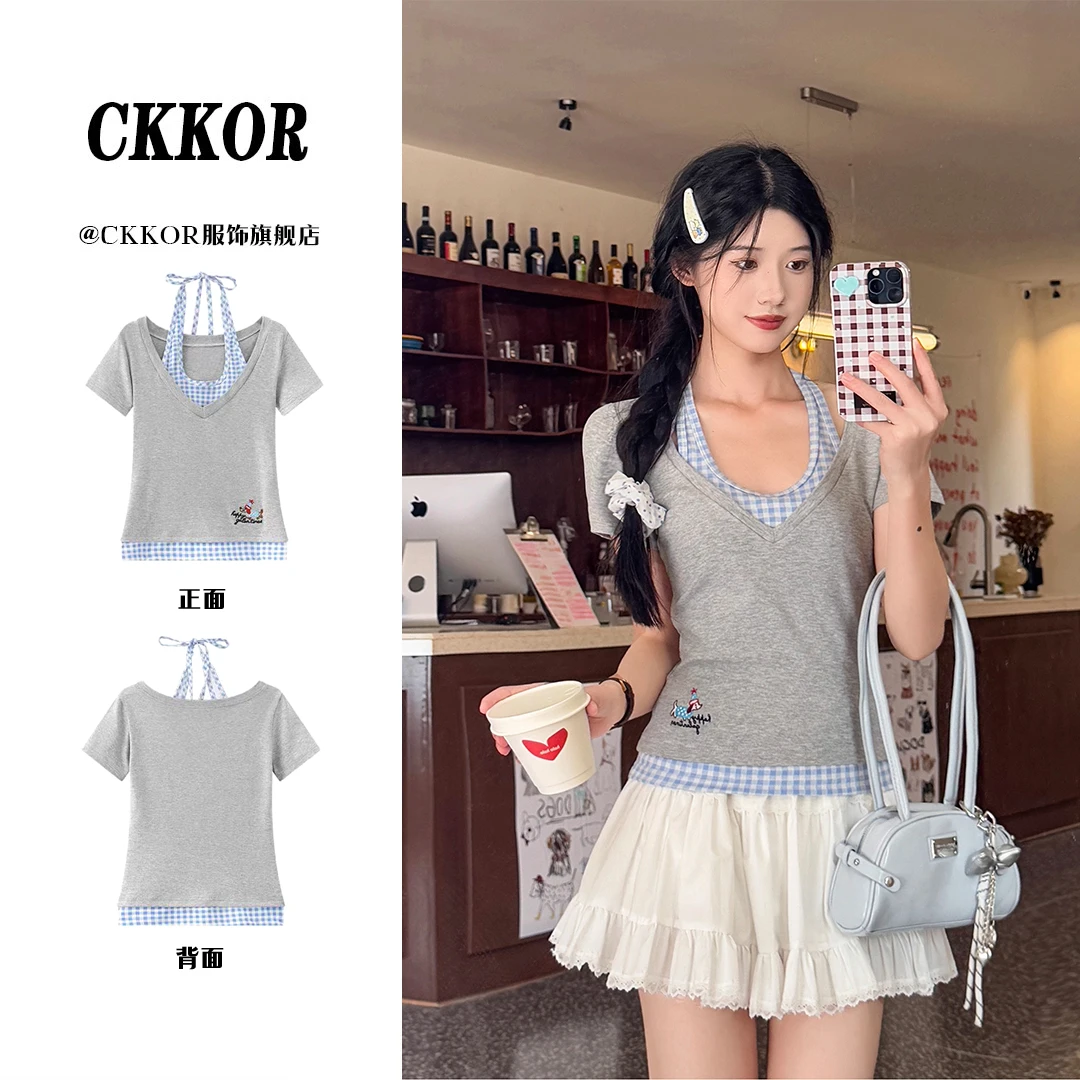 CKKOR韩系挂脖设计感短袖t恤女收腰显瘦少女风假两件美式辣妹上衣