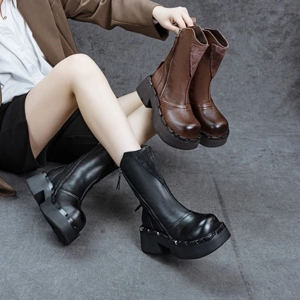 头层牛皮厚底粗跟2025秋冬新款头层牛皮复古女式侧拉链时尚百搭马