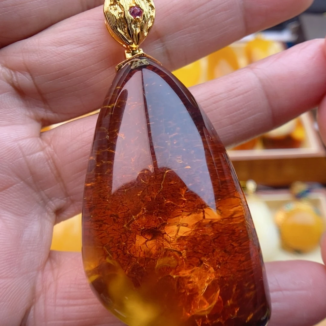 琥珀颈饰银S925镀金镶嵌