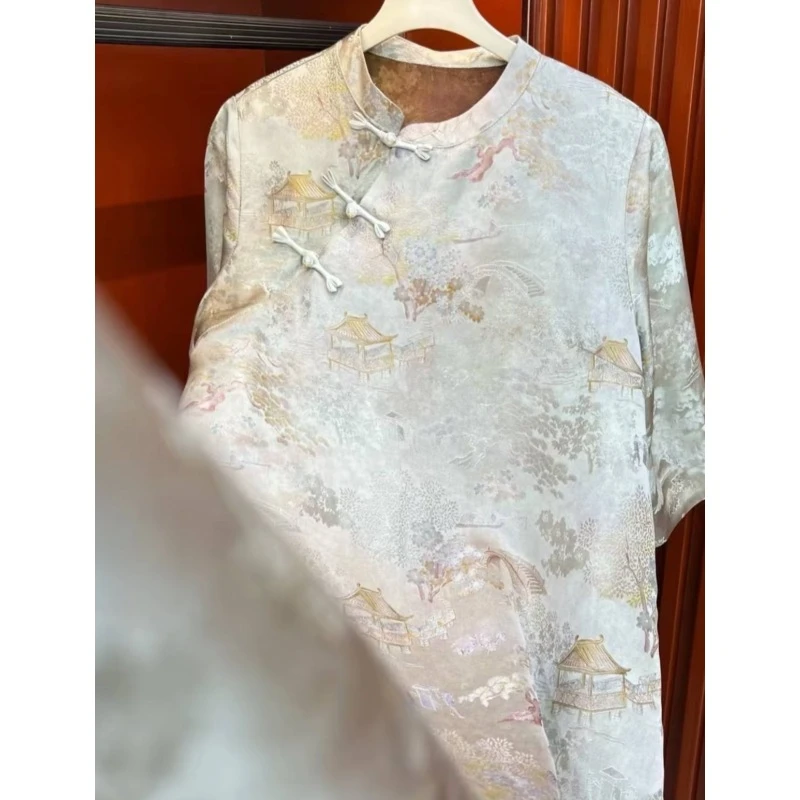 【亭外香榭】长袖提花新中式薄款旗袍白色复古印花2025B0579安和