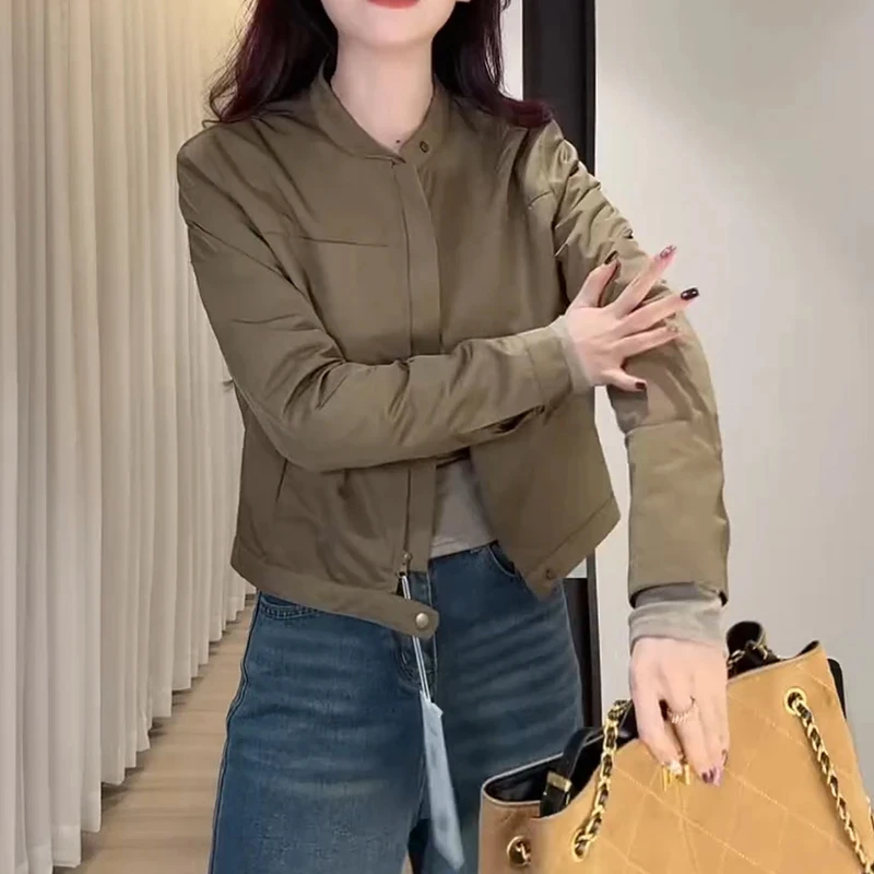 韩版显瘦立领长袖夹克女2025年秋季新款百搭纯色简约开衫短外套