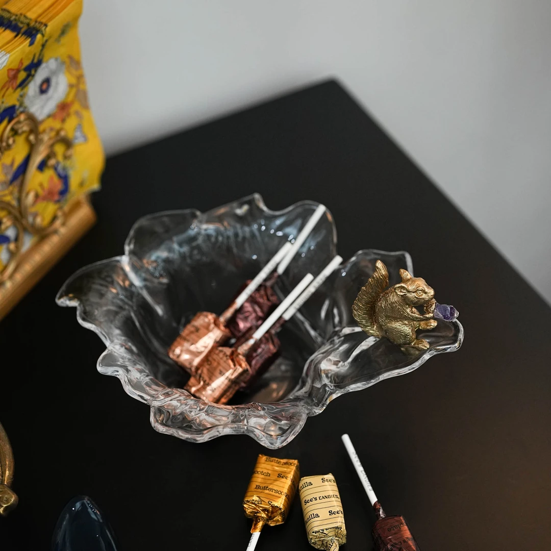 轻奢松鼠黄铜玻璃果盘 家用客厅餐厅零食收纳果篓#T169