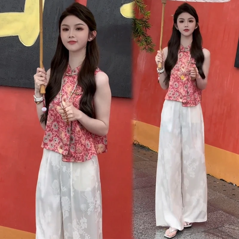 时尚中式国风套装女夏季新款不规则盘扣无袖提花上衣阔腿裤两件套