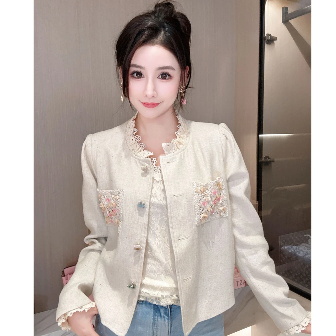 【初梦宣言】重工蕾丝拼接圆领彩色小香风外套