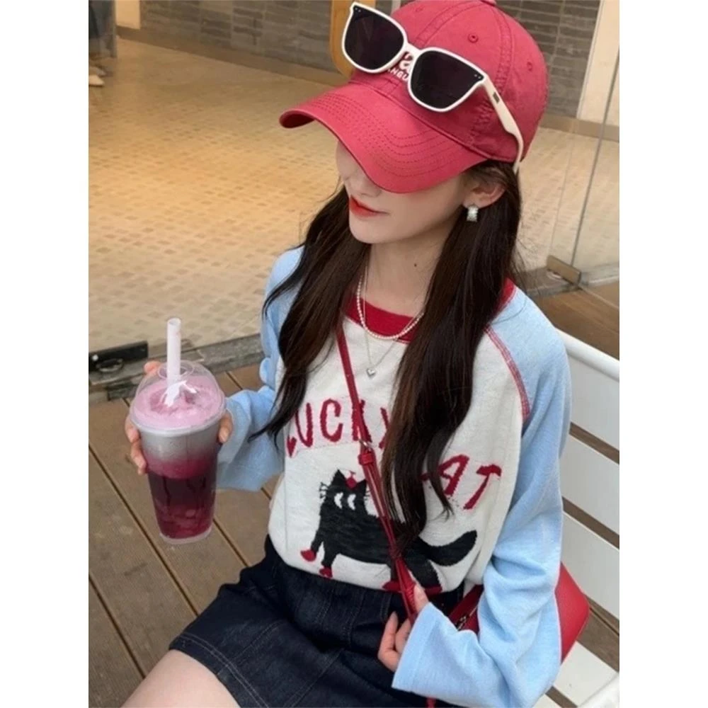 【幸运猫】2025春夏撞色插肩袖猫咪图案长袖防晒上衣宽松休闲针织衫