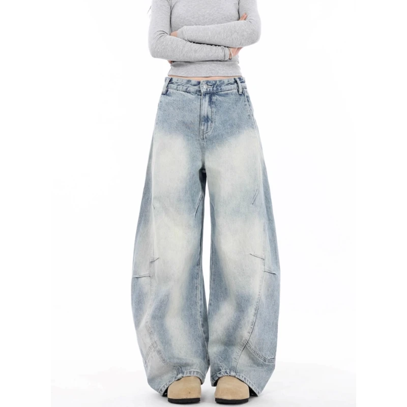 美式水洗磨白弯刀阔腿牛仔裤女2025夏季新款拼接设计宽松拖地长裤