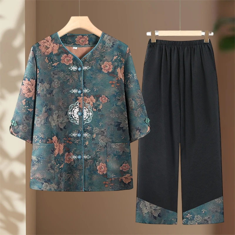 奶奶套装夏装衬衫妈妈七分中老年人衣服夏季老太太老人开衫两件套