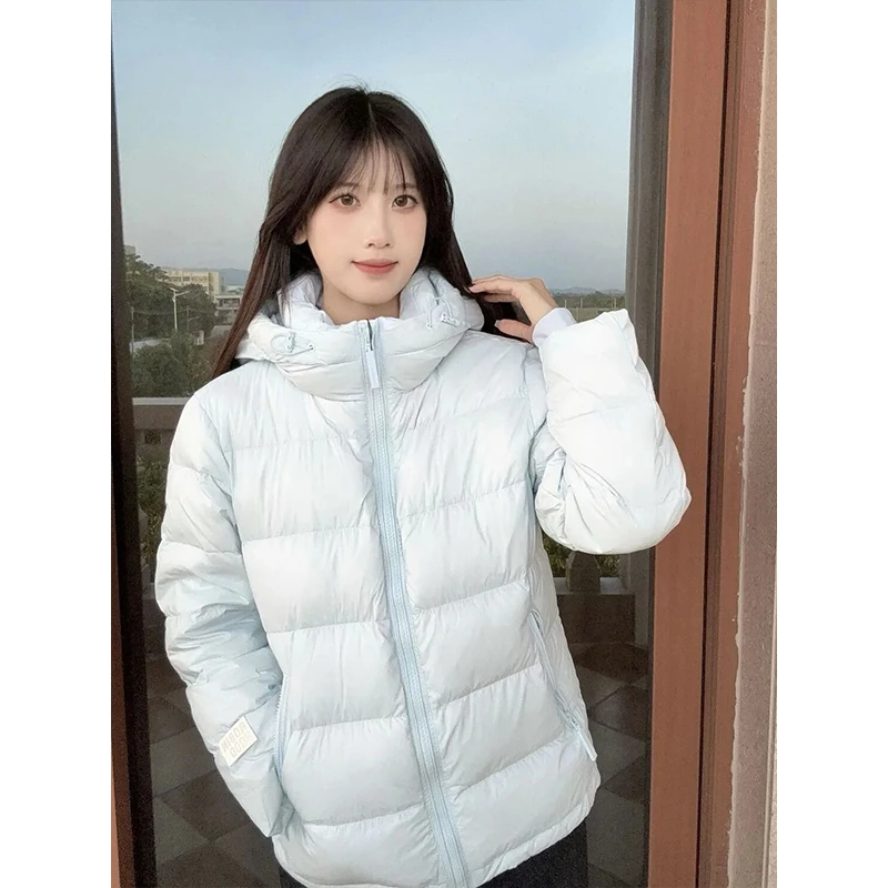 韩系温柔风蓝色棉服外套女款2025冬季氛围感保暖加厚连帽棉衣棉袄