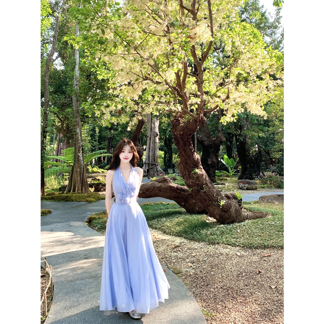 2025夏季新款  缪斯爱神 挂脖仙女立体花朵多裁片连衣裙气质长裙