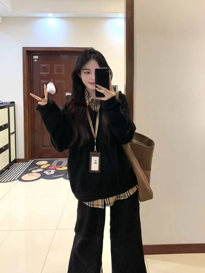 2025春秋美式高街OVERSIZE黑色撞色毛衣衬衫女慵懒长袖长裤三件套