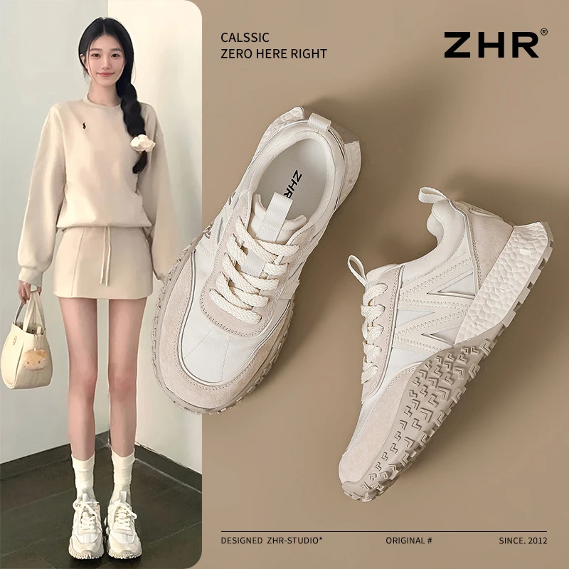 ZHR则则厚底阿甘鞋女2025春季新款复古拼色德训鞋百搭ins系带女鞋