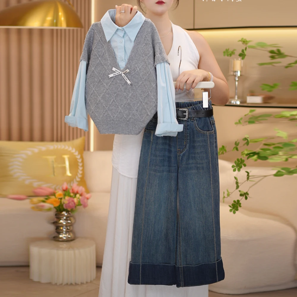 【闺蜜家】女童秋季2025新款时尚蝴蝶结假两件毛衣+牛仔裤套装-8649