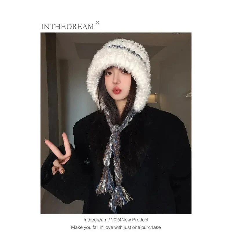 彩色系带针织毛线帽女秋冬季新款保暖条纹拼色护耳包头帽子显脸小