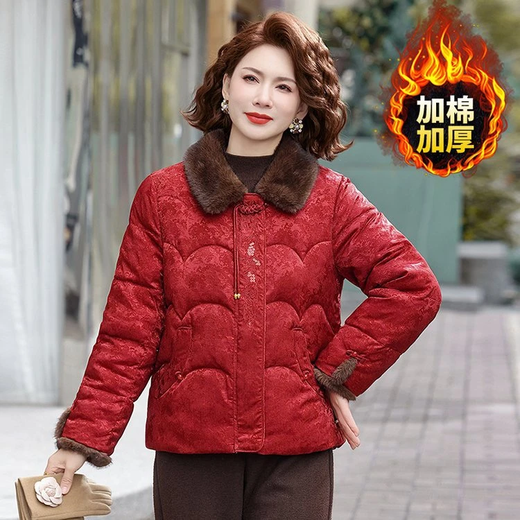 中老年女装国风新款上衣喜婆婆高贵母亲保暖翻领棉服气质妈妈装