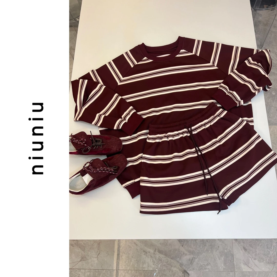 niuniu妞妞/『撞色条纹』秋款时尚卫衣套装女休闲百搭宽松圆领卫衣