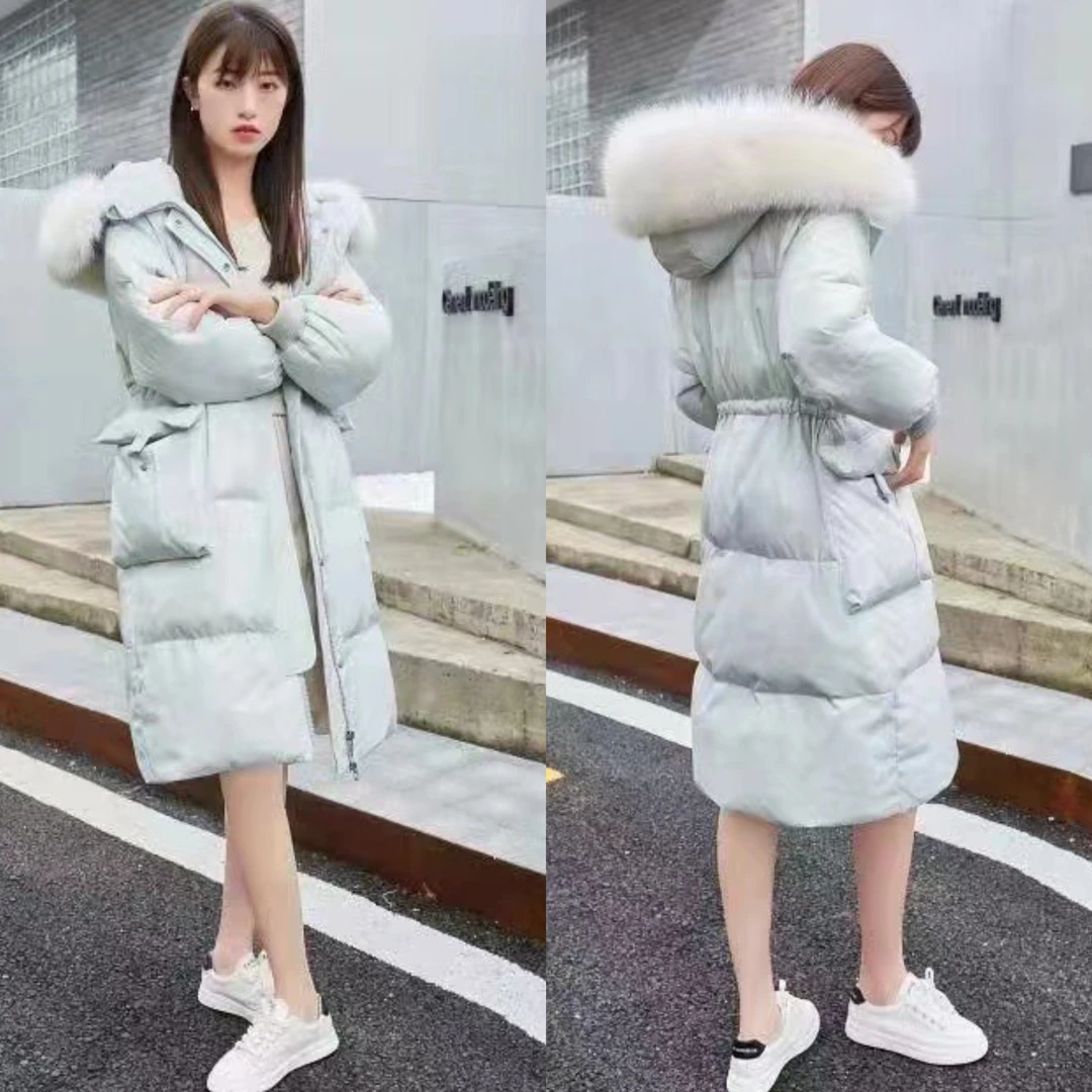 反季90白鸭绒羽绒服女2025韩版新款大毛领大口袋长款过膝加厚外套