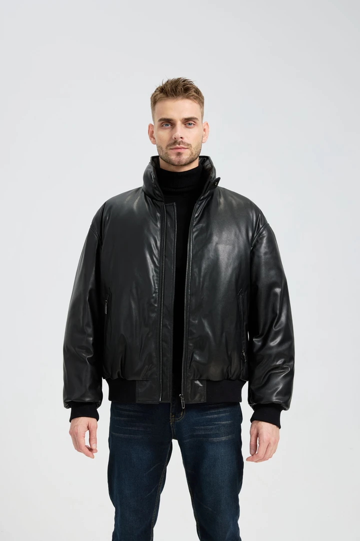 海宁真皮植鞣小羊皮男士男款鹅绒服男士真皮皮衣短款时尚休闲百搭