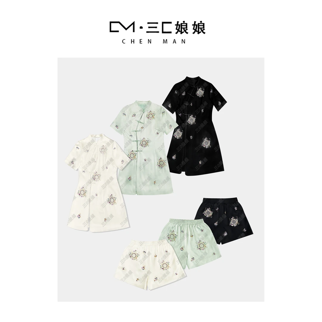 宸嫚三C娘娘【时来运转】8813新中式国风时尚醋酸刺绣上衣短裤套装