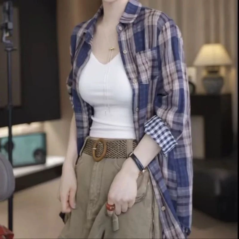 复古格子长袖衬衫薄外套女春夏新款小个子中长款休闲百搭开衫