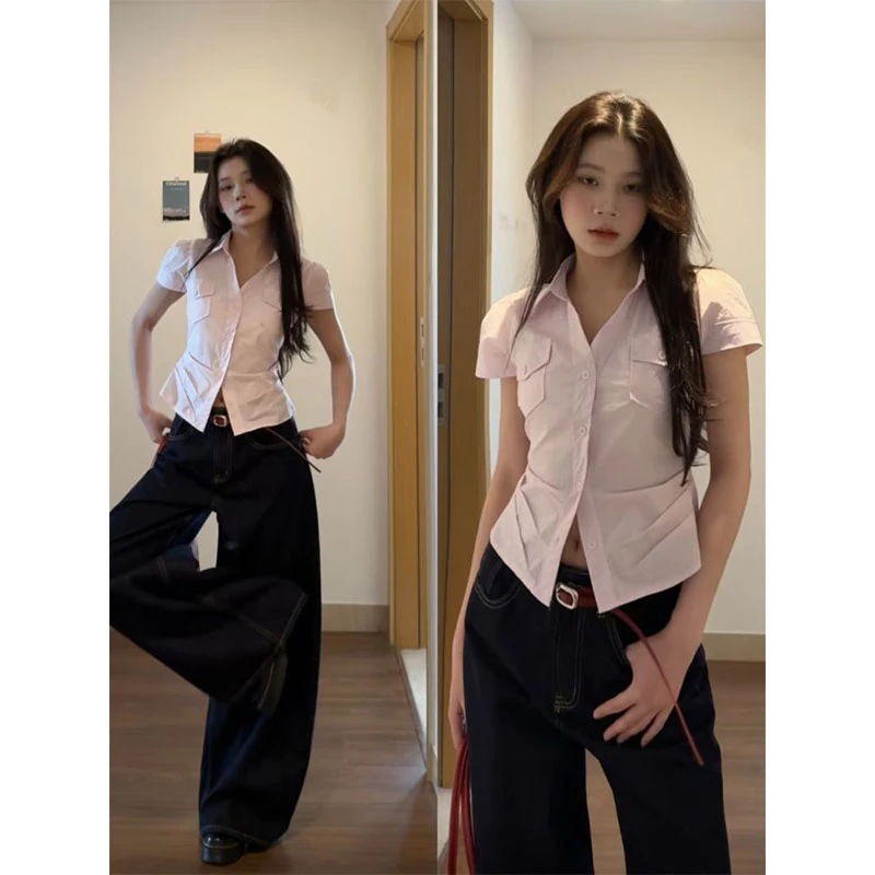 韩国东大门~粉色短袖衬衫女夏季y2k辣妹修身显瘦Polo领开衫衬衣
