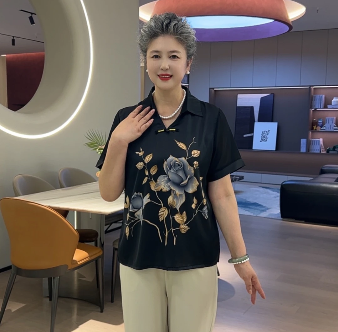 民族风短袖中式T恤夏季休闲时尚气质常规轻奢印花中老年妈妈套装