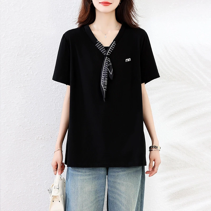 短袖T恤女时尚2025夏季新款大码宽松遮肚子洋气V领黑色休闲上衣