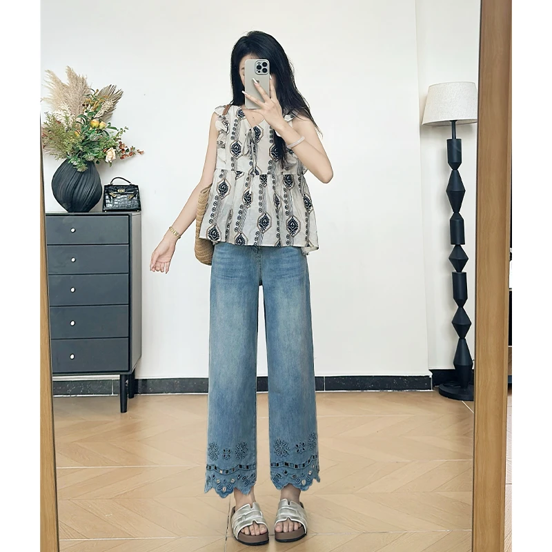 乔栈莱赛尔天丝镂空刺绣小个子阔腿牛仔裤女夏季新款凉感薄款直筒