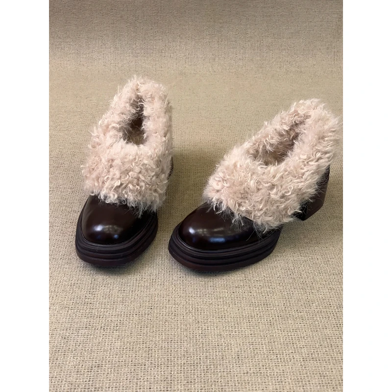 NNMISS·34-41/7cm/4cm小个子圆头羊羔毛小皮鞋复古粗跟通勤毛毛鞋