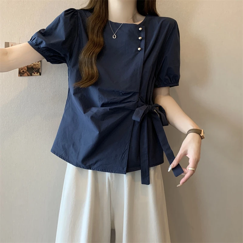 气质独特藏青色正肩短袖衬衫女夏新款宽松显瘦遮肚a版娃娃衫上衣