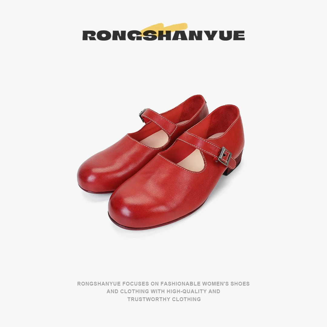 Rongshanyue复古做旧玛丽珍鞋女士浅口一字扣带百搭小皮鞋B1323