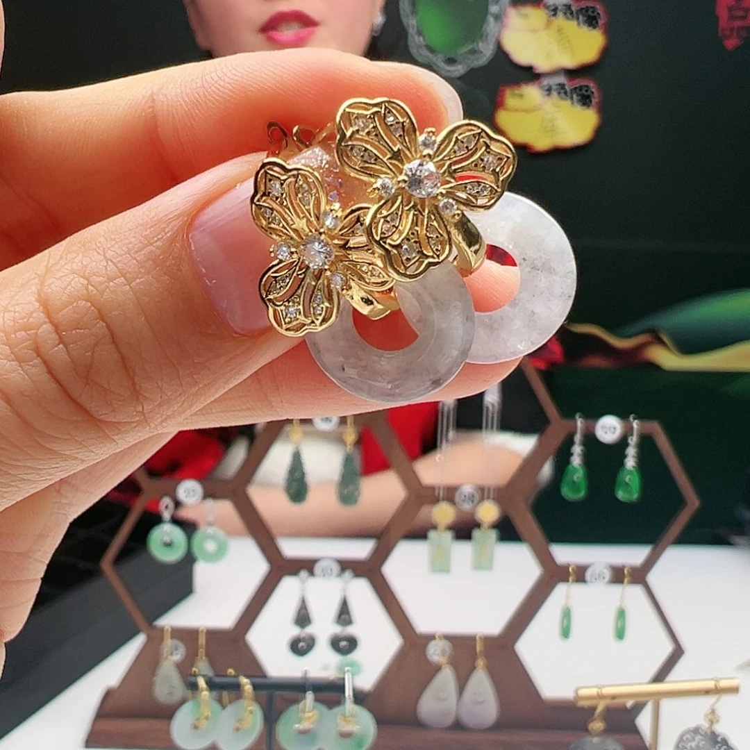 翡翠耳饰银S925镶嵌天然翡翠耳饰银s925镶嵌