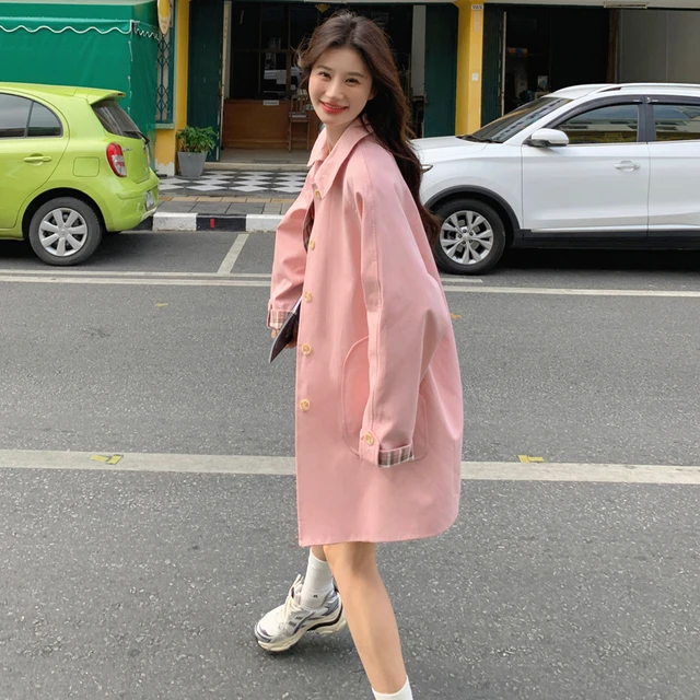 粉色甜美宽松中长款风衣外套女2025新款春季韩版休闲减龄显瘦大衣