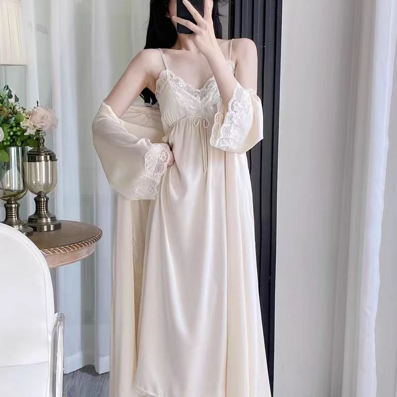 新款睡衣女冰丝长袖睡袍法式夏季蕾丝吊带睡裙带胸垫睡裙家居服