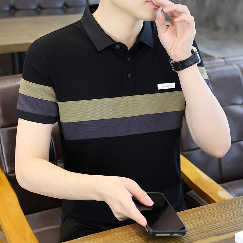 新款短袖Polo衫男士时尚商务潮流修身拼接休闲翻领短袖polo衫百搭