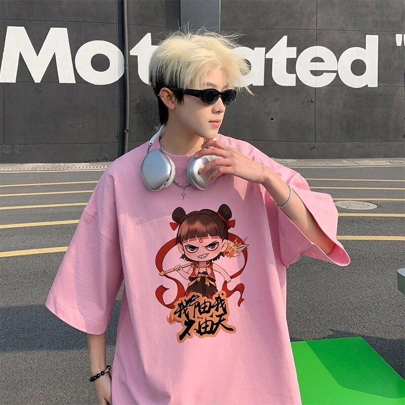 朝怡哪咤印花短袖T恤男2025新款夏季宽松潮流国潮青少年半袖纯棉