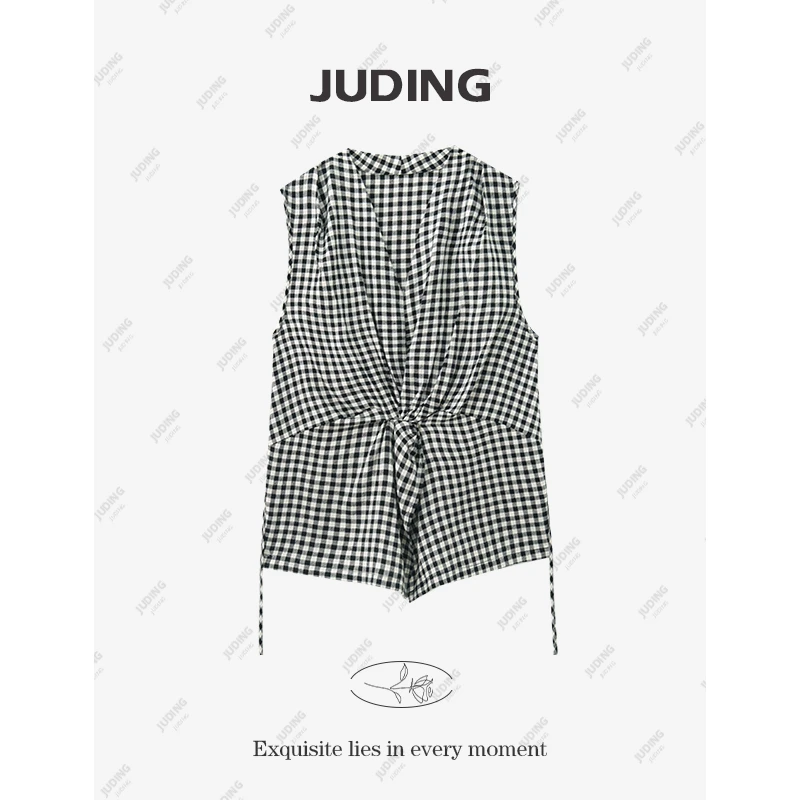 【罗曼蒂克】设计感扭结黑白格子背心衬衫女收腰显瘦无袖上衣cc8347