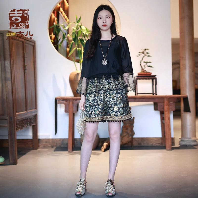 吉丘古儿原创复古短裤时尚宽松遮肉显瘦民族风提花热裤G231K501