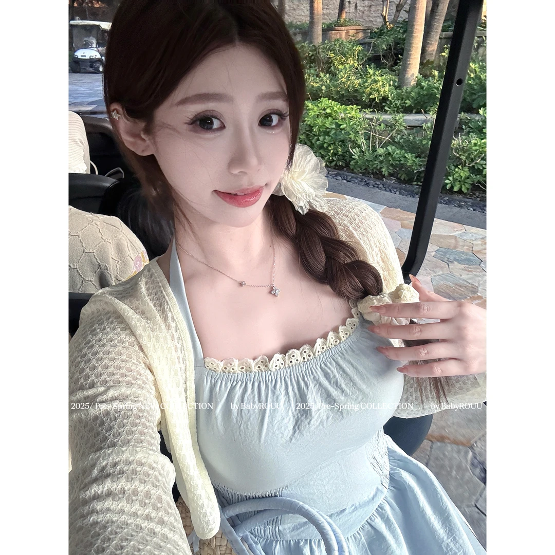 baby rouu现货 温与柔【古早小韩花】清透开衫可拆卸胸垫挂脖连衣裙