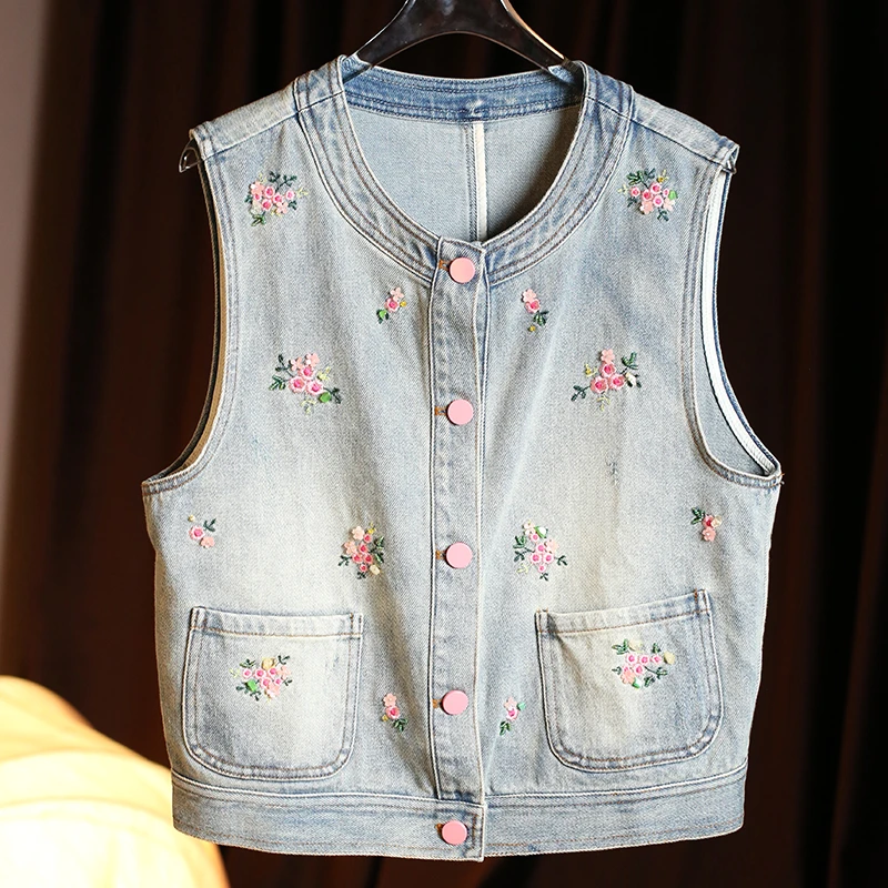 复古日记“小粉花”减龄花朵刺绣中式通勤百搭牛仔马夹25EE426