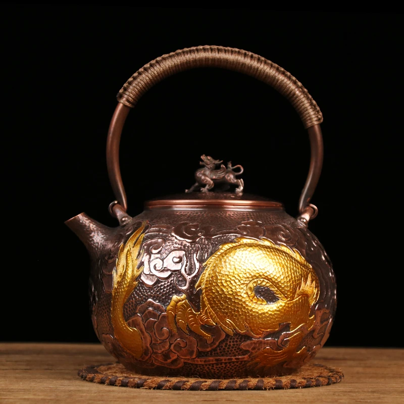 【金龙祥云】煮茶壶浮雕紫铜茶壶祥龙麒麟祥瑞茶具1250cc